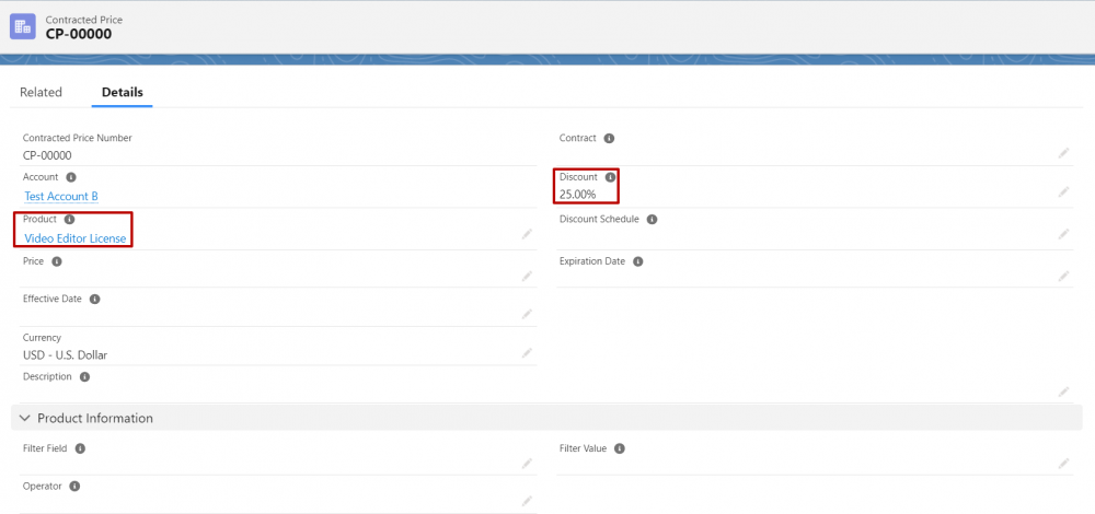 Salesforce Revenue Cloud Contracted Price record with discount