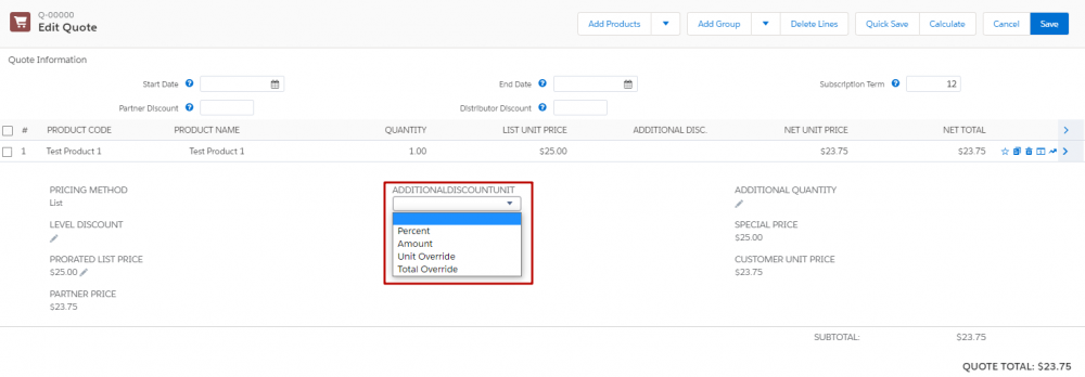 CPQ Additional Discount Unit Picklist on Quote Line Editor