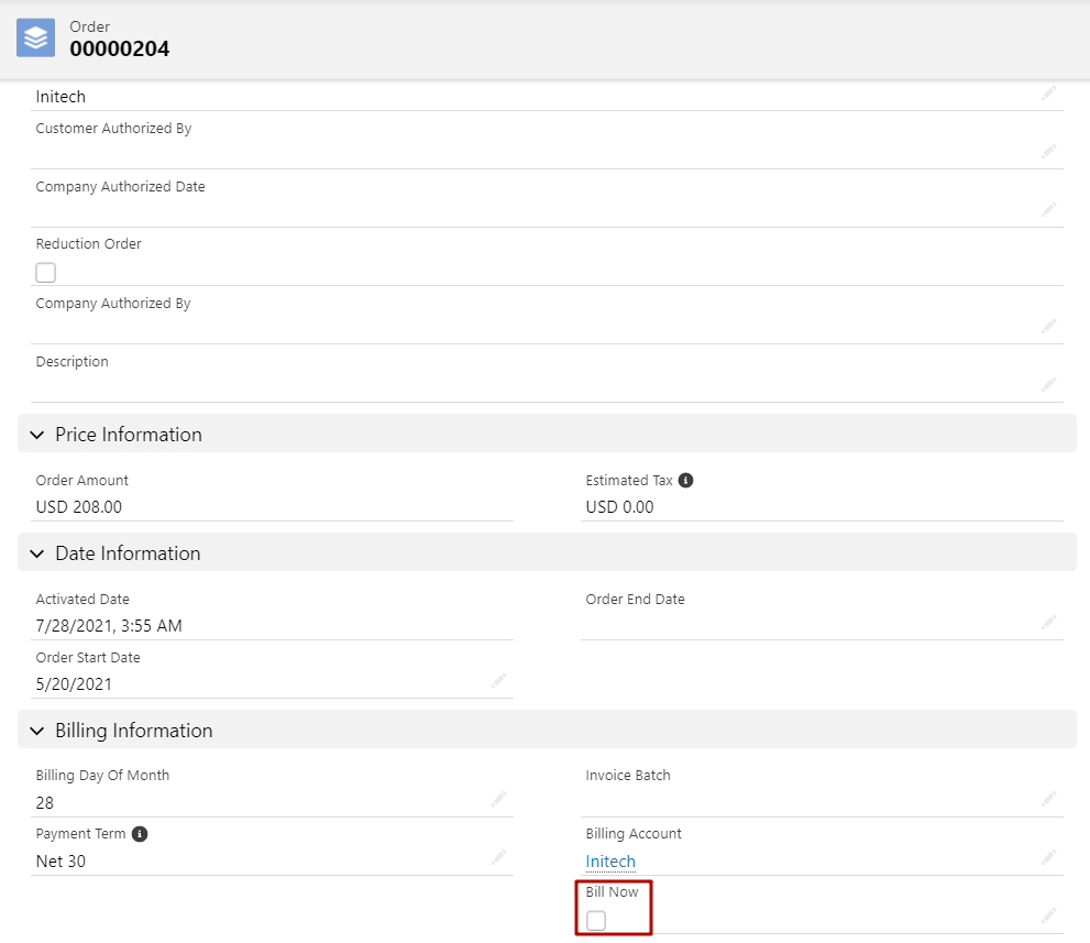 Salesforce Revenue Cloud Bill Now checbox on Order