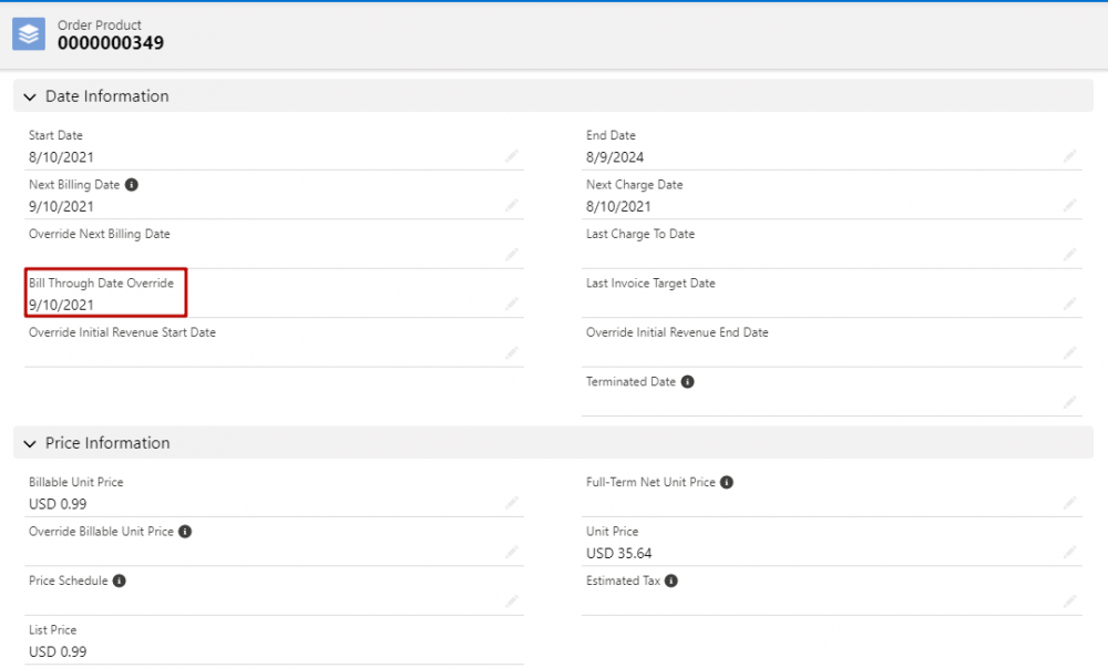 Salesforce Revenue Cloud Bill Through Date Override field on Order Product