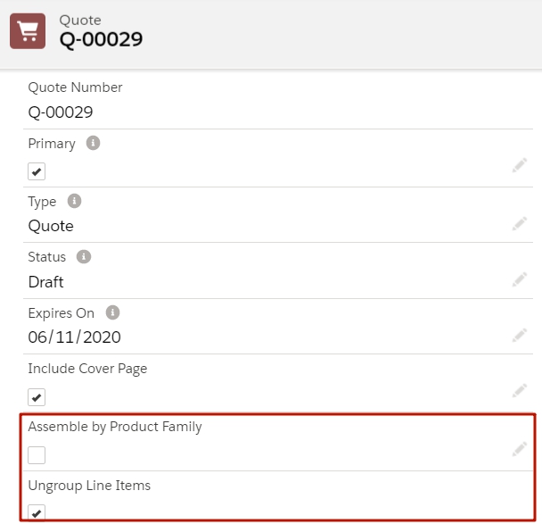 Salesforce CPQ Quote Fields and Checkboxes with Active Ungroup Line Items Option