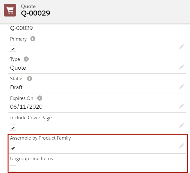Salesforce CPQ Quote Fields and Checkboxes with Active Assemble by Product Family Option