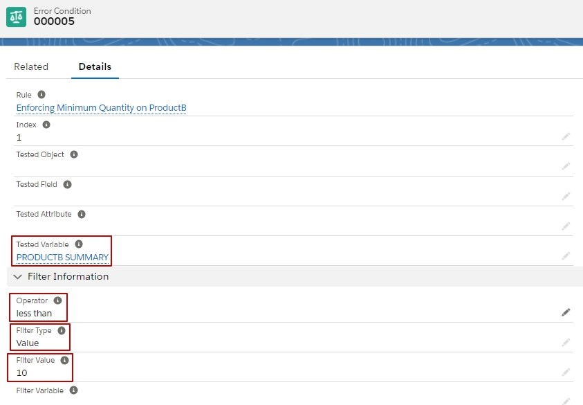 Salesforce CPQ Product Quantity Erorr Condition Details