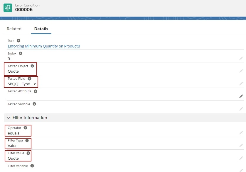 Salesforce CPQ Product Quantity Erorr Condition Details