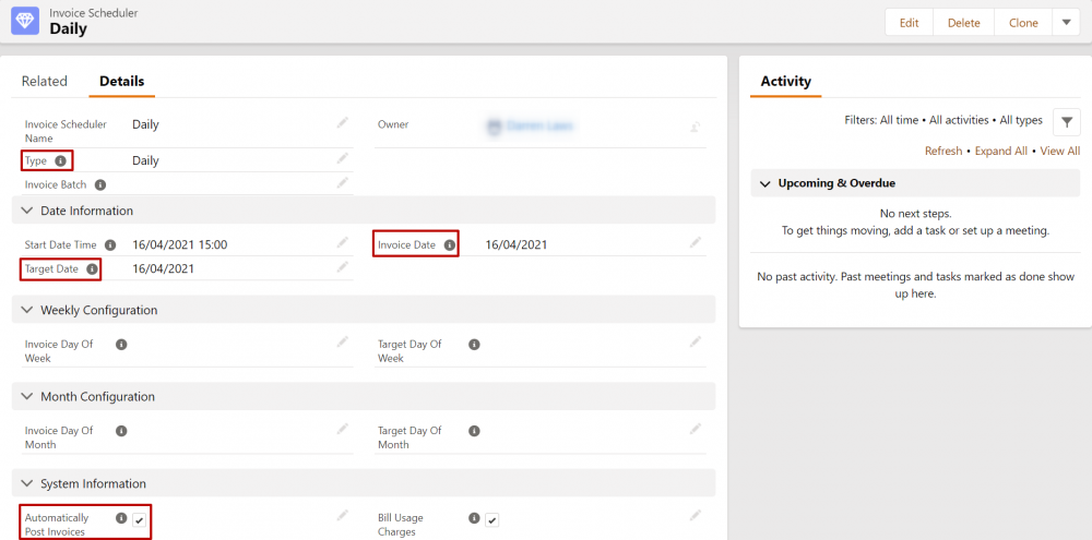 Salesforce Revenue Cloud Type,Target Date,Invoice Date and Post Invoices fields on Invoice Schedulers