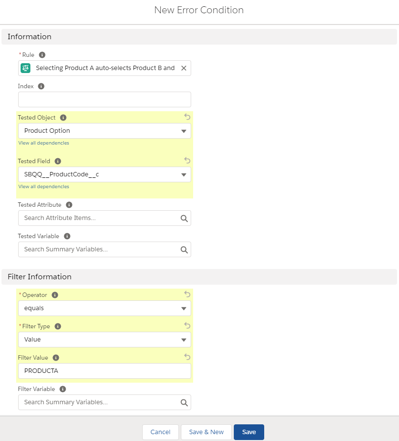 Salesforce CPQ Error Condition Options for Product Selection Rule