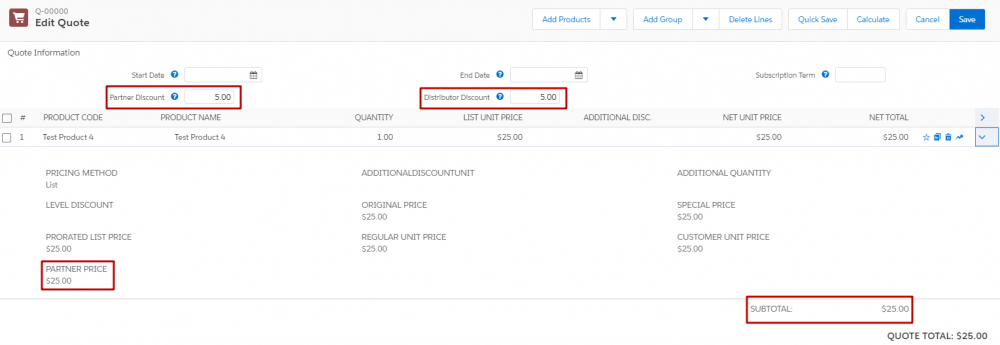 CPQ Test Product Prices and Discounts On Quote Line Editor