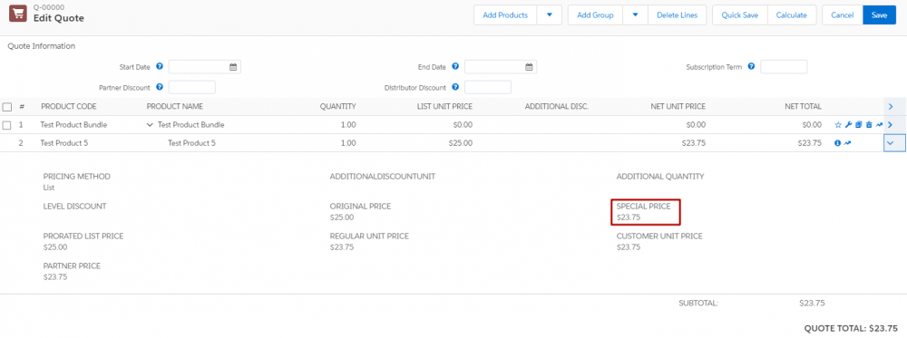 CPQ Test Product Bundle Prices on QLE