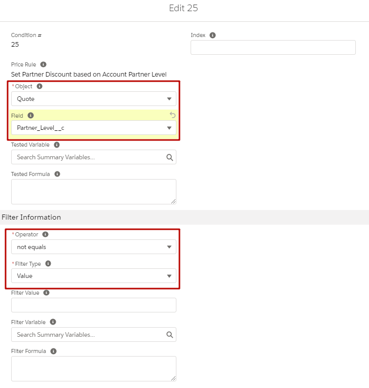 Salesforce CPQ New Price Condition Information and Filter Information Fields