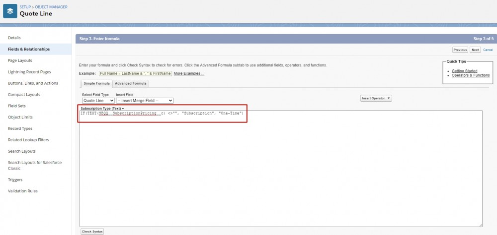 Salesforce CPQ Quote Line Custom Field Simple Formula