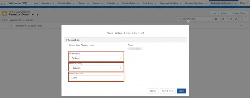 Salesforce CPQ New Partner Level Discount Information fields