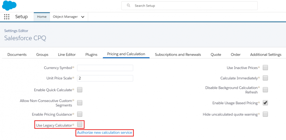 Salesforce CPQ Settings Editor Pricing and Calculation Options 