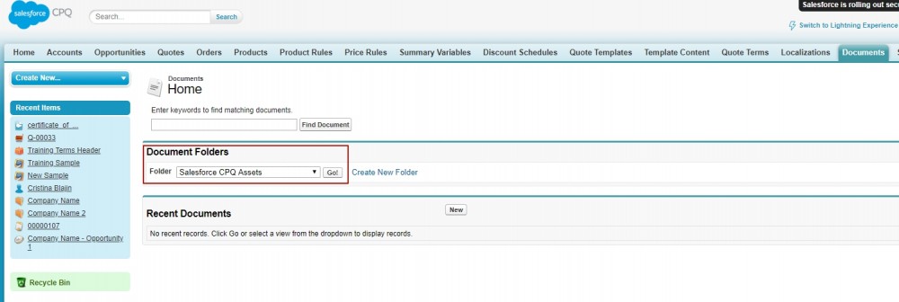 Salesforce Classic Menu Tabs,Recent Items options and Home Documents Tab Overview