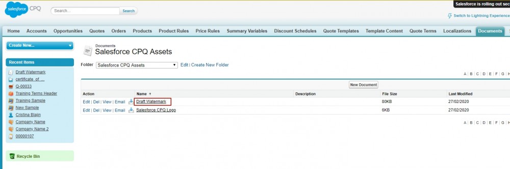 Salesforce Classic Menu Tabs,Recent Items options and Salesforce CPQ Assets Documents