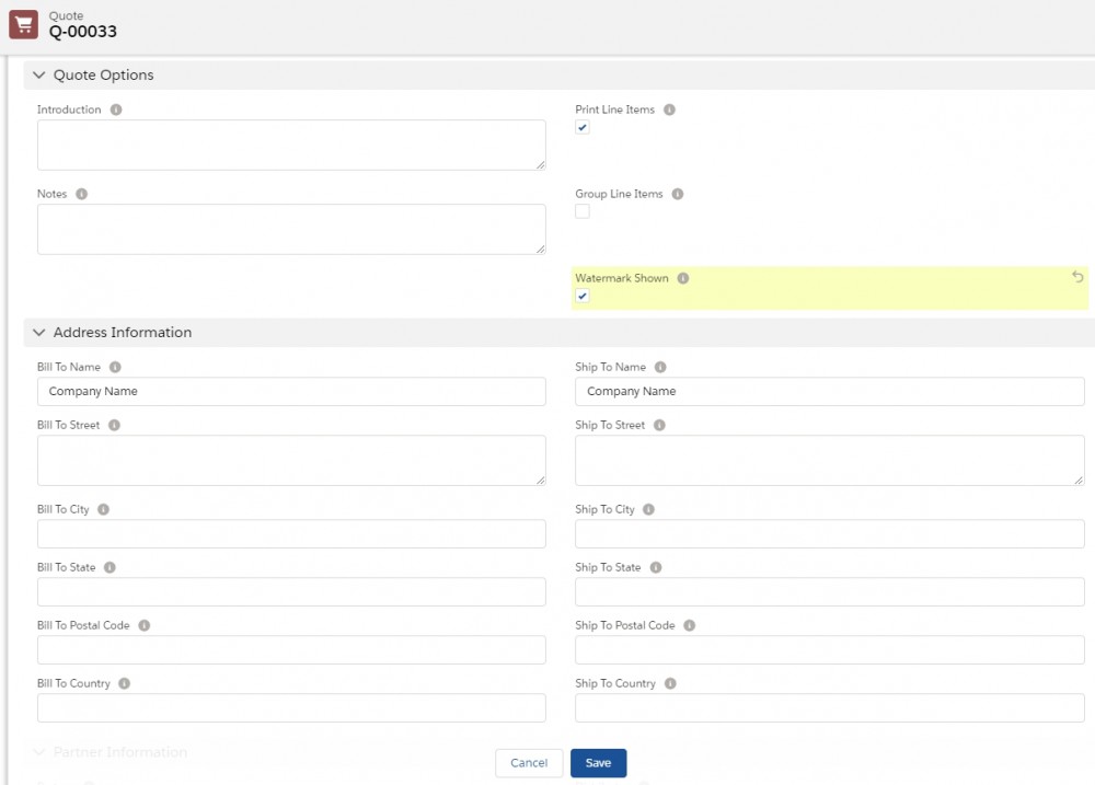 Salesforce CPQ Quote Fields and Checkboxes including Watermark Shown Active Checkbox