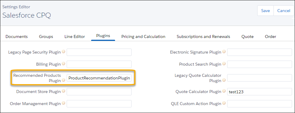 Saleforce CPQ Plugins tab Options on Settings Editor
