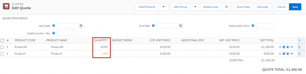 CPQ Quote Line Editor Layout for Scenario2 Price Rule
