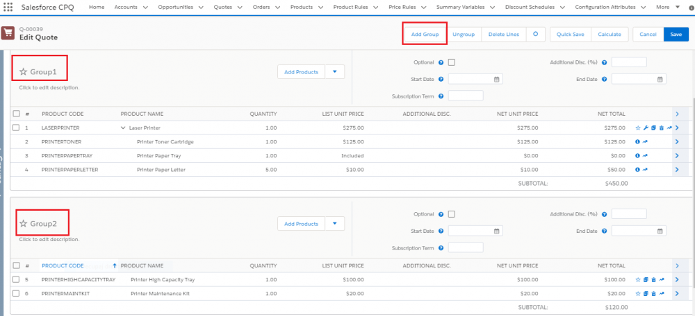 Salesforce CPQ, Quote Line Groups