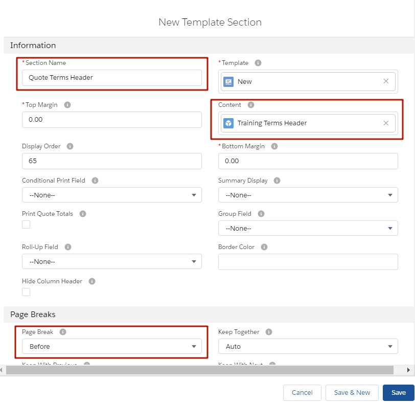 Salesforce CPQ Template Section Fieldset